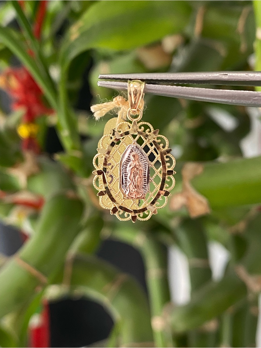 14K Tri-color Gold Oval Shape Guadalupe Pendant